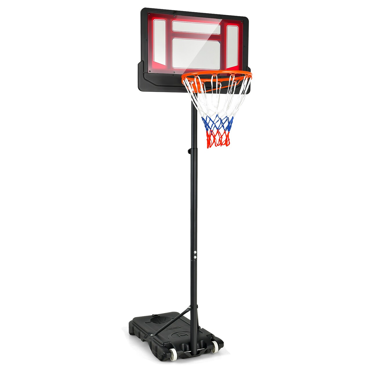 Red Steel Adjustable Basketball Hoop with Wheels, Backboard and Portable Base